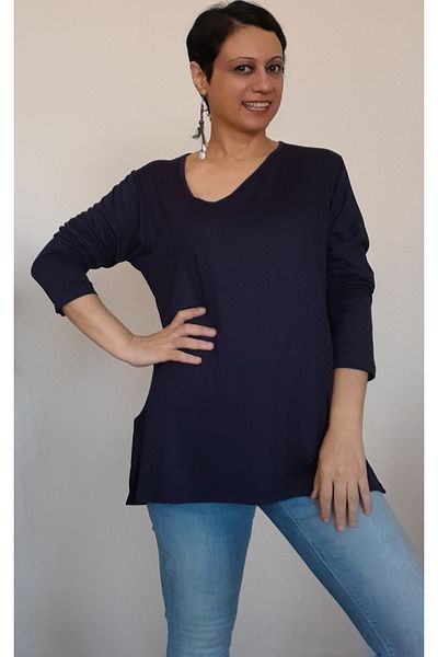 Mertcan Butik Navy blue side V-neck combed cotton viscose long-sleeved T-shirt