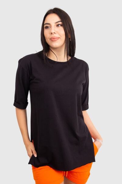 İmpavido KOPYA - Kadın Double Kol Yandan Yırtmaçlı Bisiklet Yaka Siyah Tshirt