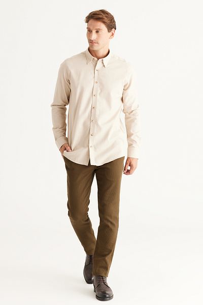 ALTINYILDIZ CLASSICS Men's Beige Slim Fit Narrow Cut Hidden Button Collar 100% Cotton Shirt