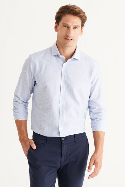 ALTINYILDIZ CLASSICS Cămașă Dobby, 100% bumbac, cu guler italian mic, slim fit, alb-albastru marin