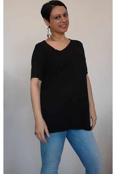 Mertcan Butik Black side V-neck combed cotton Viscose T-shirt
