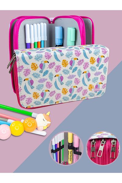 OneSize Pencil Case Tucan Bird Themed Orginazer Three Compartment Vegan Leather (Pencil Holder)