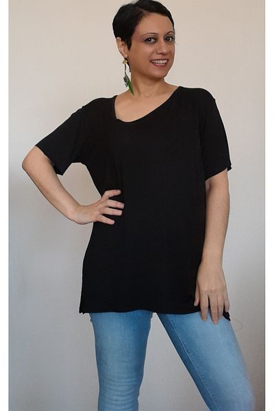Mertcan Butik Black side V-neck combed cotton Viscose T-shirt