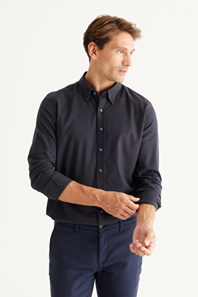 ALTINYILDIZ CLASSICS Erkek Lacivert Slim Fit Dar Kesim Gizli Düğme Yaka %100 Pamuk Gömlek