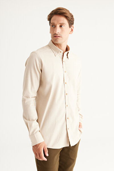 ALTINYILDIZ CLASSICS Pánská béžová košile Slim Fit úzkého střihu se skrytým límečkem, 100% bavlna