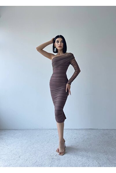 conconmoda Tek Kol Drape Tül Siyah Elbise