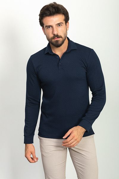 Mcr Ανδρικό μπλουζάκι με μοτίβο Navy Blue Color Slim Fit Polo Collar μακρυμάνικο