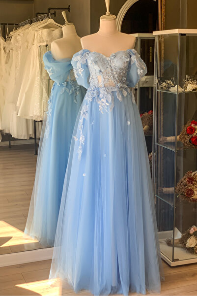 Lenta Moda فستان سهرة طويل شفاف مطرز بالدانتيل باللون الأزرق الجليدي ودانتيل ...