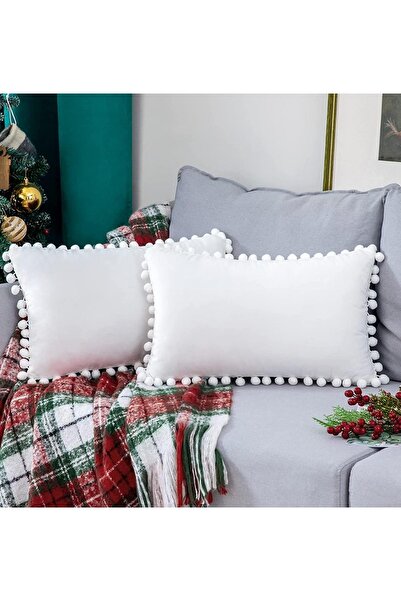 Bc Home 2'li Beyaz Minik Ponponlu Kırlent Kılıfı Kadife Görünümlü 2 Adet 30 X...
