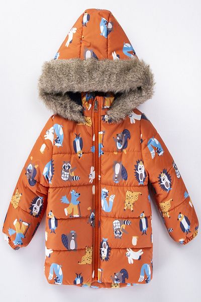 PODİUM GİYİM Trendy Cute Raccoon & Mole Figured Winter Gilded-Fur Hooded Winter Coat