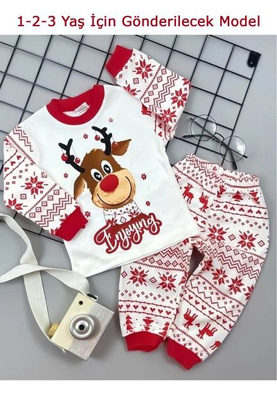 Süpermini Unisex Red Pajama Set - Christmas Themed and Deer Printed