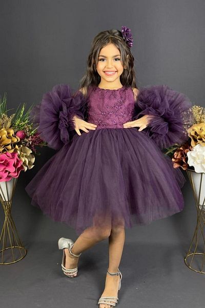 ABİYEKİDS Plum Pompom Lace Embroidered Style Children's Evening Dress ABY940