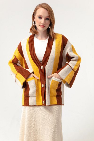 Lafaba Women's Mustard Rose Gold Button Detailed Knitted Cardigan