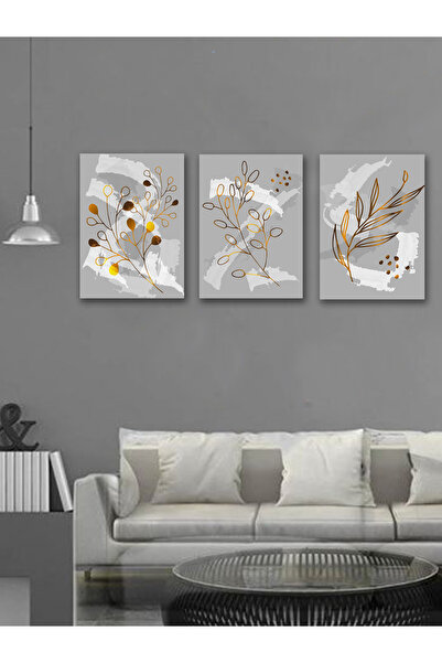 YALOVA SHOP Fırça İzlerine Minimalist Gold Bitki Dokunuşları Dekoratif 3 lü Tablo Seti