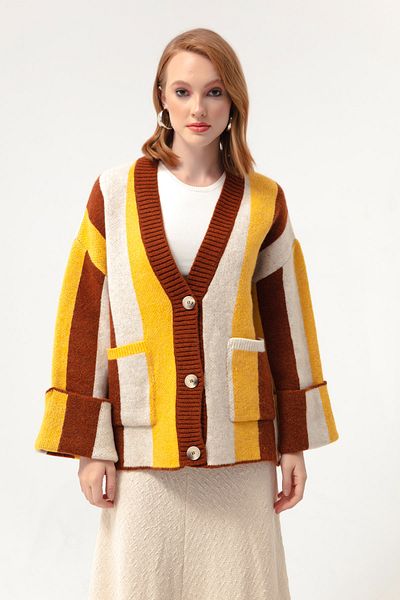 Lafaba Women's Mustard Rose Gold Button Detailed Knitted Cardigan