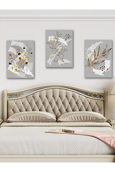 YALOVA SHOP Fırça İzlerine Minimalist Gold Bitki Dokunuşları Dekoratif 3 lü Tablo Seti