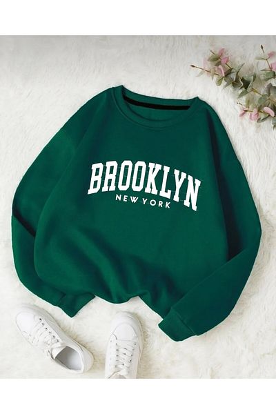 NewCabin New Season Basic Crew Neck Brooklyn Printed Oversize Loose Fit Fleece Sweatshirt