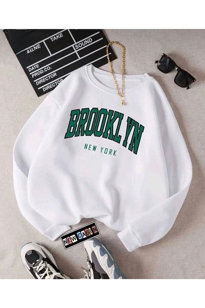 NewCabin New Season Basic Crew Neck Brooklyn Printed Oversize Φαρδιά φούτερ από φλις φούτερ