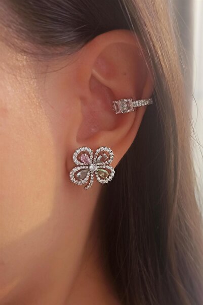 By Zeyna Aksesuar Kadın Vip Seri Baget Zirkon Taşlı Yonca Model Küpe