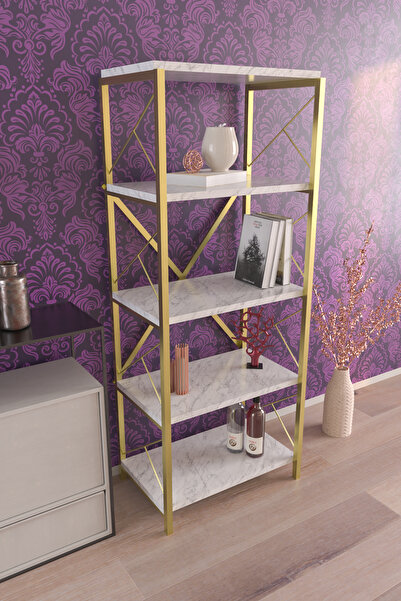 Hediyeler Kapında 5 Raflı Beyaz Mermer Desenli Gold Mutfak Düzenleyici Çok Am...