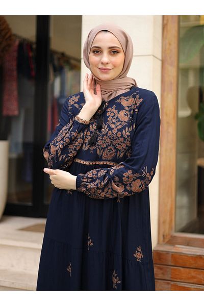 ZENANE Water Patterned Dress - Navy Blue - ZENANE
