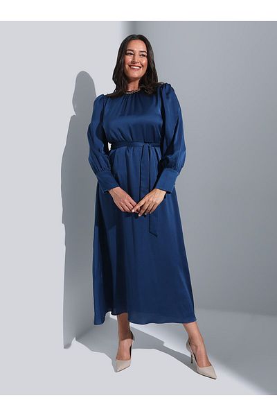 ALİA Balloon Sleeve Plus Size Satin Dress - Navy Blue - Alia