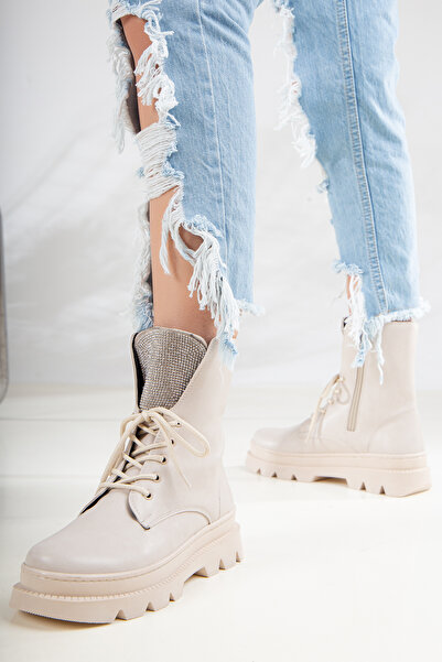 LULO Kadın Ten Bej Bileği Taşlı Kalın Platform Tabanlı Bağcıklı Fermuarlı Spor Şık Bot K1005