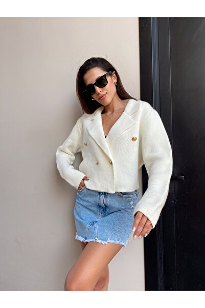 Puella Γυναικείο πλεκτό μπλέιζερ με χρυσά κουμπιά Crop Cardigan Bone Blazer