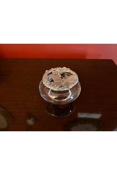 tayfuntufan antika koleksiyon METAL KAPAĞI KELEBEK FİGÜRLÜ CAM KASE 7 CM ÇAPINDA