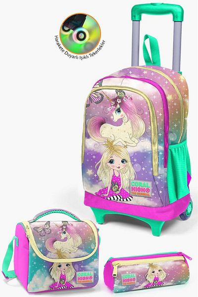 Coral High Kids Pink Water Green Unicorn Girl Patterned 3-Piece School Bag Set with Squeegee SET0123933