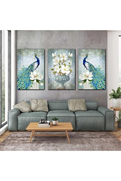 arajans Turkuaz Mavi Tavus Kuşu Beyaz Çiçekler Antika Saksı Dekor Üçlü Kombin...