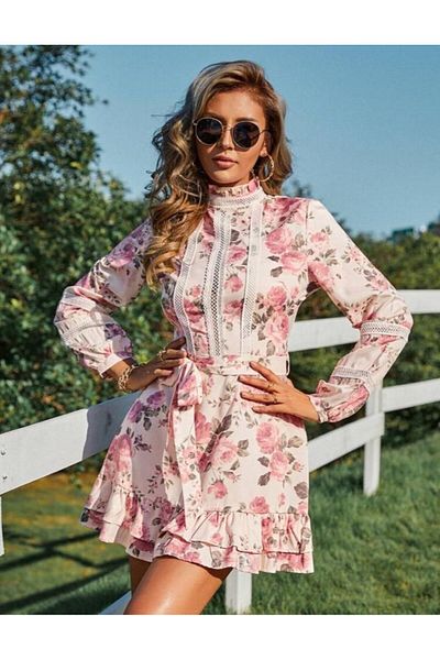 1Moda1Tarz Γυναικείο Μίντι φόρεμα με λουλουδάτο μοτίβο με ροζ πλήρες γιακά με δαντέλα