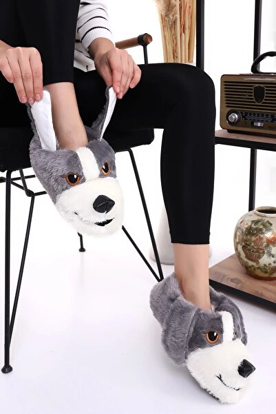 Altın Adım Gray-White Winter Home Shoes with Dog Figure, Plush, Soft, Non-Slip and Sound-Proof Base