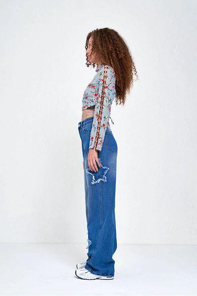 ellevana Blue Embroidered Oversize Trousers - Star Ebdonakispant