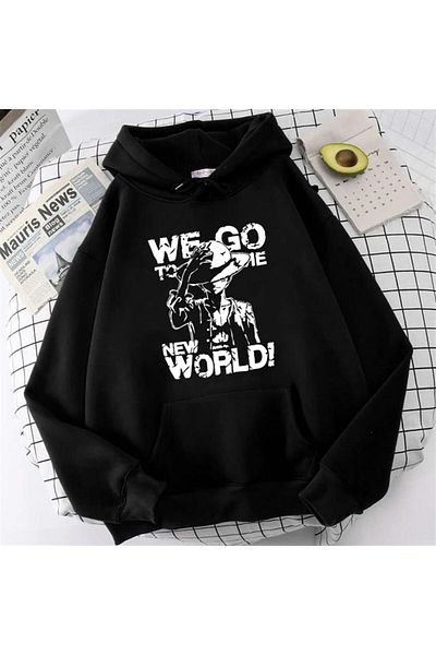 Touz One Piece We Go Printed Μαύρο Φούτερ Unisex Oversize με κουκούλα