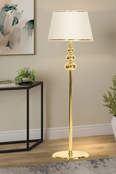 epifanio Voler Gold Kaplama Üçlü Küre Metal Lambader - Gold Şeritli Krem