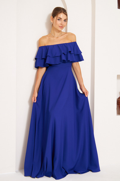 NO48 Sax Mavi Fırfır Yaka Detay Omzu Açık Dökümlü Dokuma Kumaş Maxi Boy Kloş ...