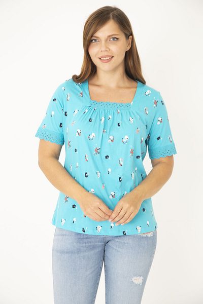 Şans Women's Large Size Cyan Green Cotton Fabric Collar and Sleeves Lace Detailed Blouse 65N36544