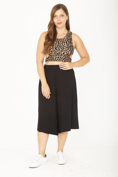 Şans Women's Large Size Black Wide Leg Elastic Waist Side Pocket Viscose Capri 65N36810