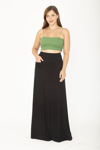 Şans Women's Large Size Black Maxi Skirt with Elastic Waist and Front Pocket Detail 65N36808