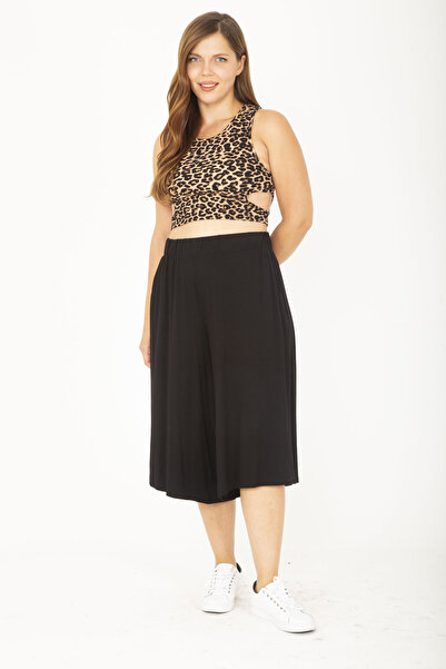 Şans Women's Large Size Black Wide Leg Elastic Waist Side Pocket Viscose Capri 65N36810