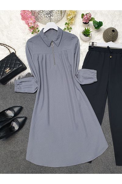Modamorfo Ringed Half Zipper Seersucker Tunic