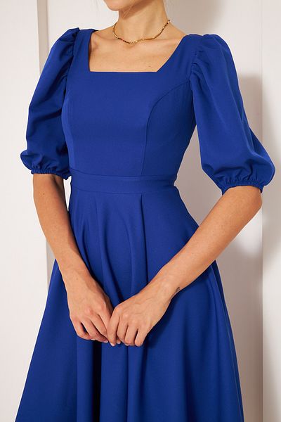 NO48 Sax Blue Midi Length Balloon Sleeve Square Neck Short Elastic Sleeve Woven Draped Fabric Dress