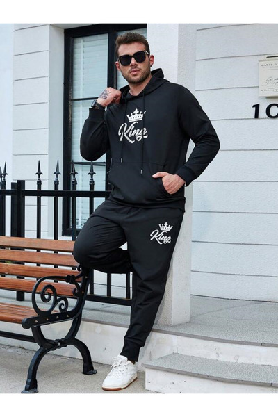YUVEST Black King Printed Hooded Sweatshirt and Sweatpants Tracksuit Set