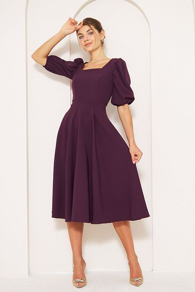 NO48 Plum Midi Length Balloon Sleeve Square Neck Short Elastic Sleeve Woven Draped Fabric Dress