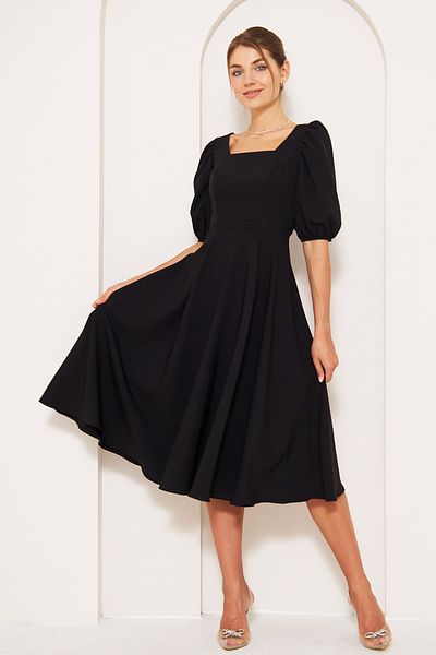 NO48 Black Midi Length Balloon Sleeve Square Neck Short Elastic Sleeve Woven Draped Fabric Dress