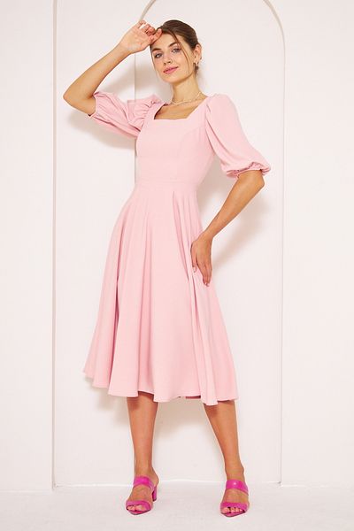 NO48 Powder Midi Length Balloon Sleeve Square Neck Short Elastic Sleeve Woven Draped Fabric Dress