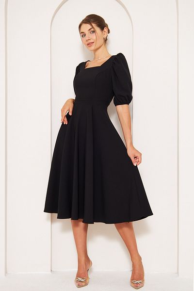 NO48 Black Midi Length Balloon Sleeve Square Neck Short Elastic Sleeve Woven Draped Fabric Dress