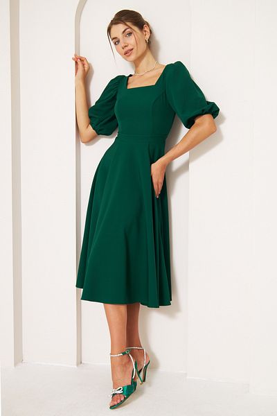 NO48 Emerald Midi Length Balloon Sleeve Square Neck Short Elastic Sleeve Woven Draped Fabric Dress