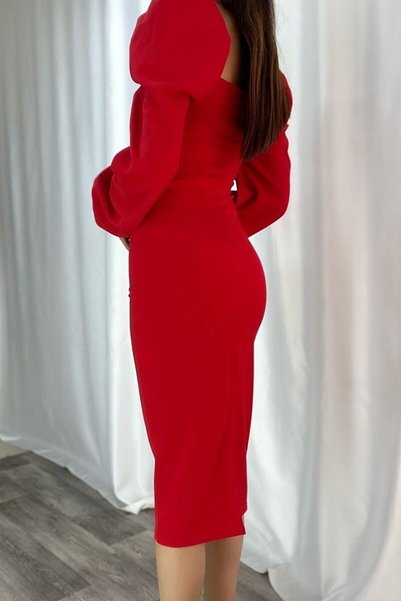 Secret Passion Lingerie Latest Trend Crepe Fabric Midi Evening Dress with Low-cut and Slit Detail 581915